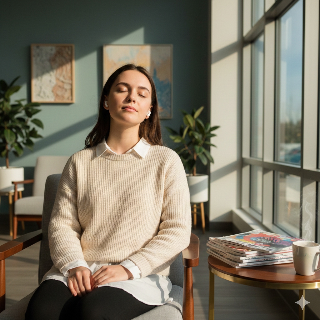 Woman finding calm in a waiting room