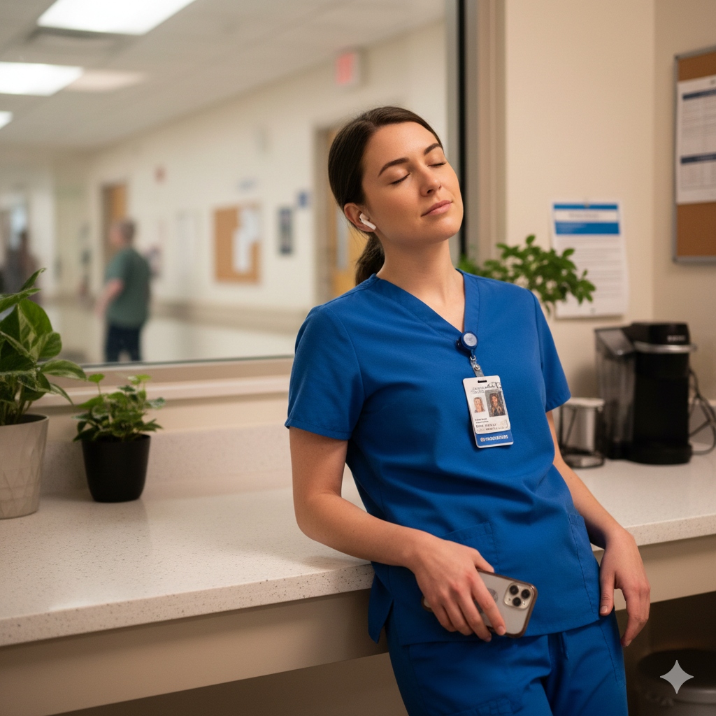 Nurse taking a restorative break with nature sounds